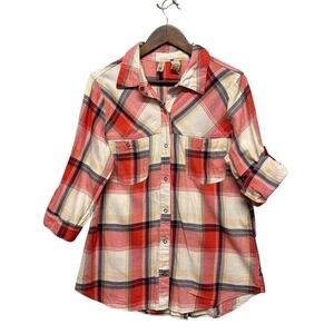 Lucky‎ Brand Button Up Shirt Womens Size Large Red Orange Plaid Roll Tab Sleeves